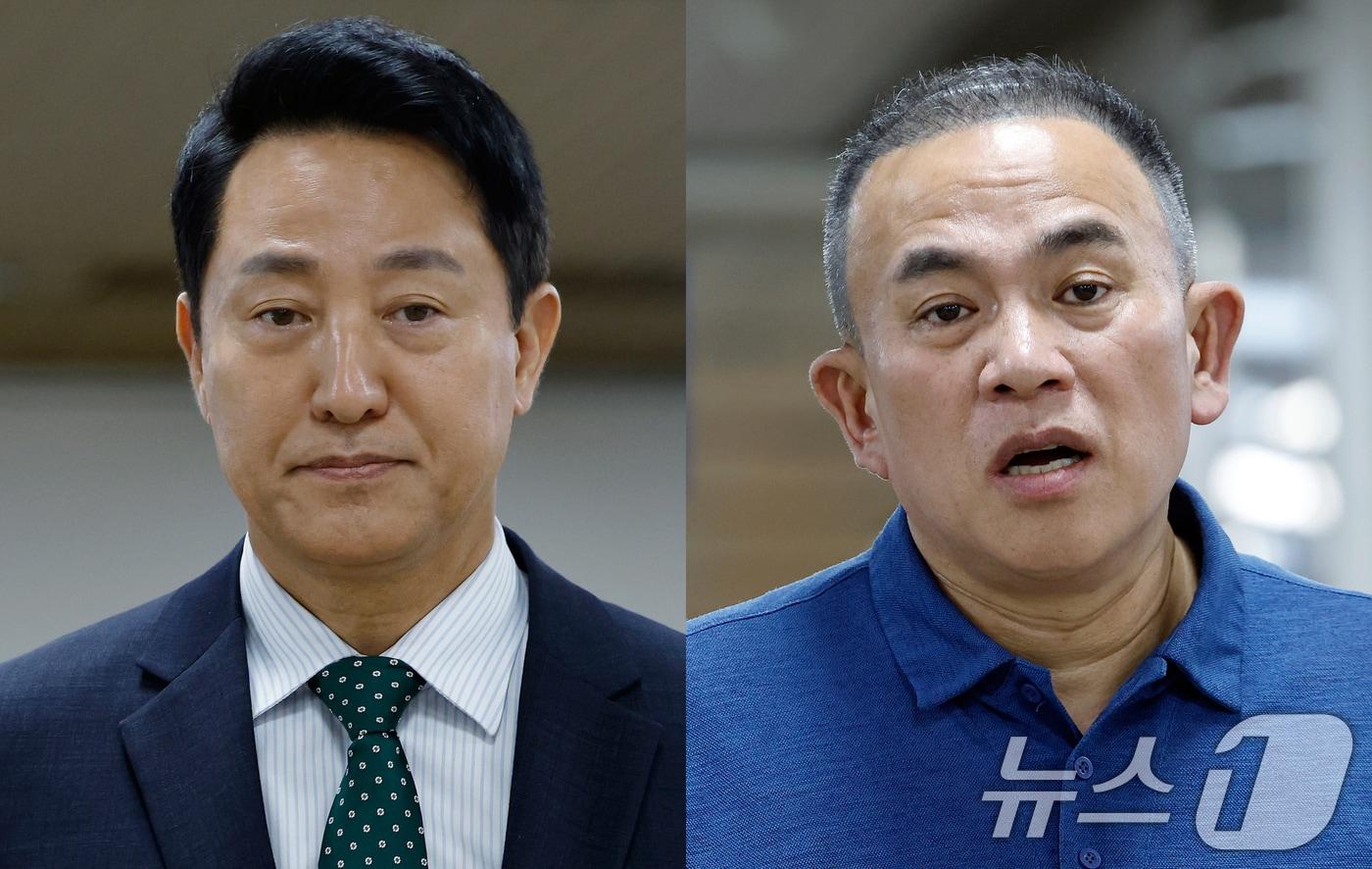 본문 이미지 - 오세훈 서울시장(왼쪽)과 보석으로 풀려난 명태균 씨가 28일 오후 서울 서초구 서울중앙지방법원에서 열린 오 시장의 정치자금법위반 혐의 항소심 공판에 출석하고 있다. 2026.8.28 ⓒ 뉴스1 박정호 기자