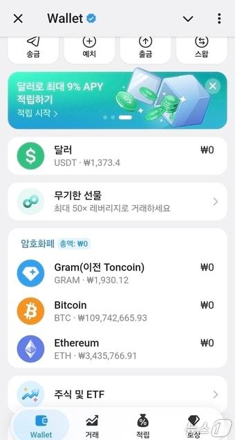 본문 이미지 -  텔레그램 내 가상자산 지갑 '월렛' 플랫폼의 모습.
