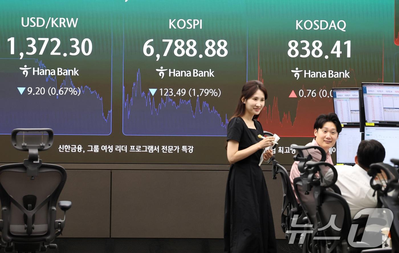 본문 이미지 - 28일 오후 서울 중구 하나은행 본점 딜링룸 전광판 2026.8.28 ⓒ 뉴스1 최지환 기자