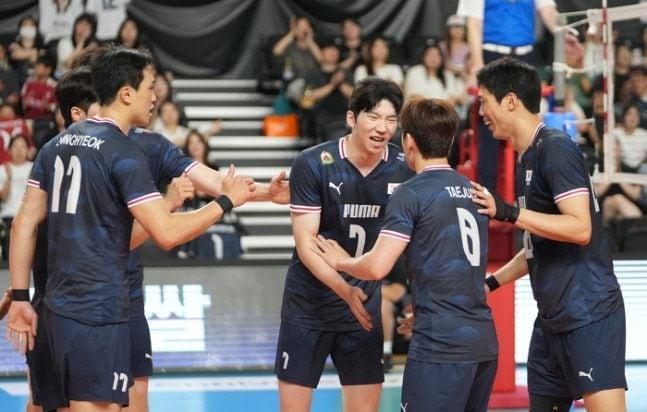 본문 이미지 - 남자 배구대표팀이 바레인과 평가전에서 3-1로 이겼다. (대한배구협회 제공)