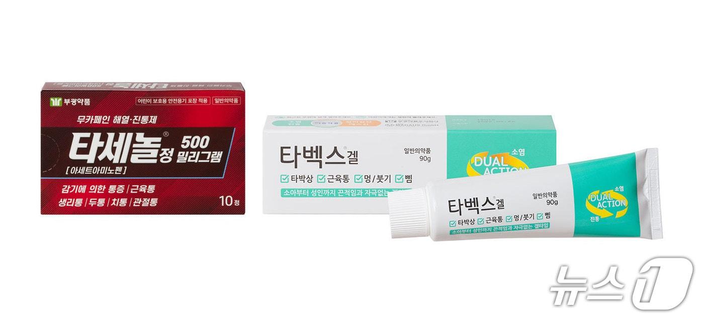 본문 이미지 - 부광약품의 열진통제 '타세놀'과 바르는 소염진통제 '타벡스겔' 이미지 (부광약품 제공)