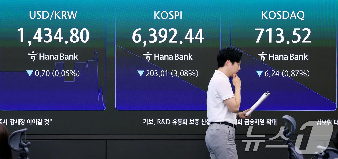 본문 이미지 - 3일 서울 중구 하나은행 본점 딜링룸 전광판에 개장 시황이 나타나고 있다.  2026.8.3 ⓒ 뉴스1 이호윤 기자