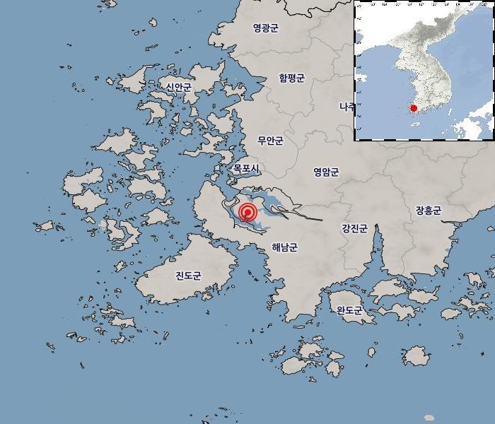 본문 이미지 - 31일 오전 2시 49분 20초쯤 전남 해남군 서북서쪽 20㎞ 지역에서 규모 2.7의 지진이 발생했다. (기상청 제공)