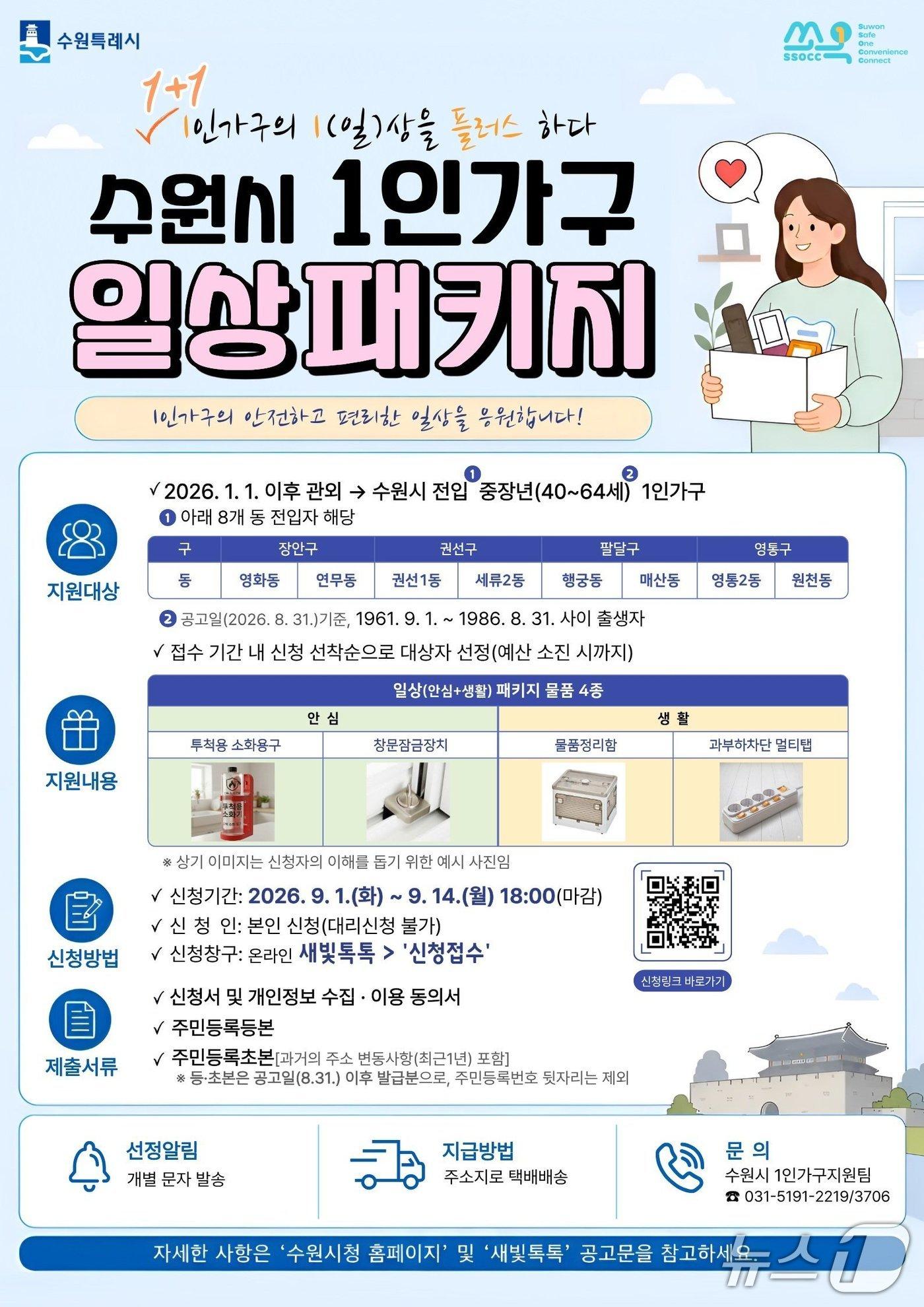 본문 이미지 - 경기 수원시 1인가구 일상패키지 지원사업 모집 홍보물. (수원시 제공. 재판매 및 DB 금지) 2026.8.31/뉴스1 