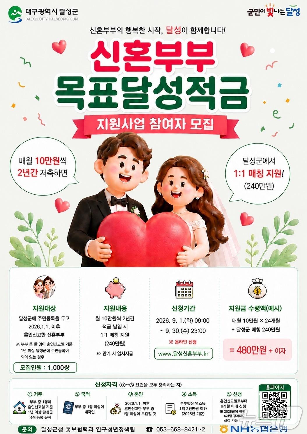 본문 이미지 - 대구 달성군 '신혼부부 목표달성자금 지원사업' 홍보 포스터.(대구 달성군 제공. 재판매 및 DB금지)