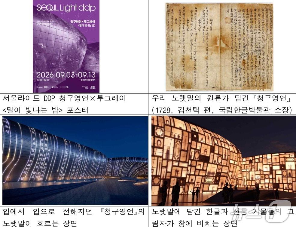 본문 이미지 - 문화체육관광부와 국립한글박물관은 '서울라이트 DDP 2026 가을'에서 3일부터 13일까지 서울 동대문디자인플라자(DDP) 어울림광장에 미디어파사드 영상 '말이 빛나는 밤'을 선보인다.