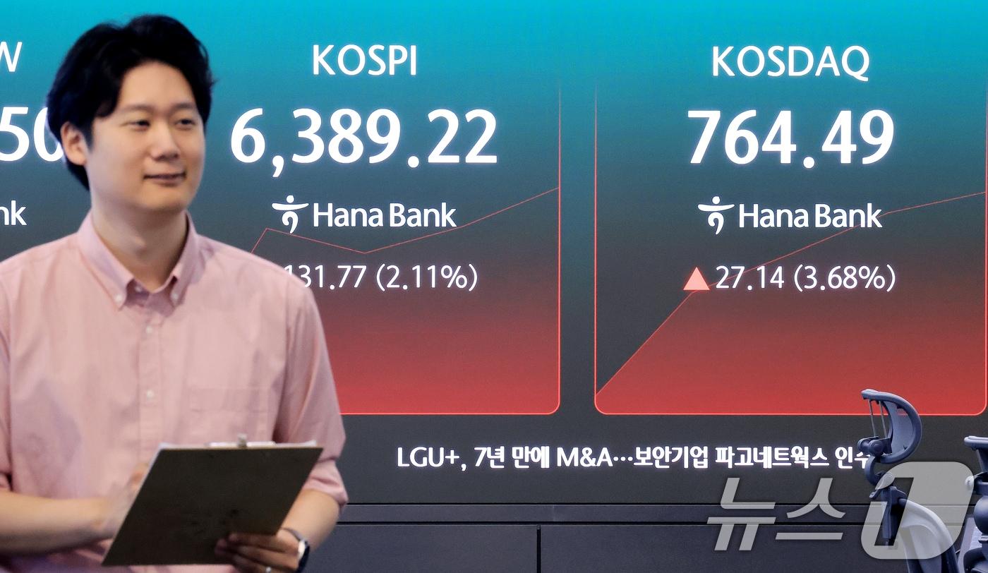 본문 이미지 - 4일 서울 중구 하나은행 본점 딜링룸 전광판에 코스피 등 시황이 표시되고 있다. 이날 코스피는 전 거래일 대비 93.93p(1.50%) 오른 6351.38, 코스닥은 10.84p(1.47%) 상승한 748.19에 개장했다. 2026.8.4 ⓒ 뉴스1 이호윤 기자