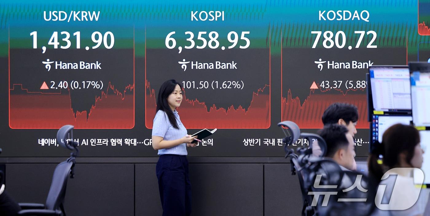 본문 이미지 - 4일 서울 중구 하나은행 본점 딜링룸 전광판에 종가가 표시되고 있다. 2026.8.4 ⓒ 뉴스1 이호윤 기자