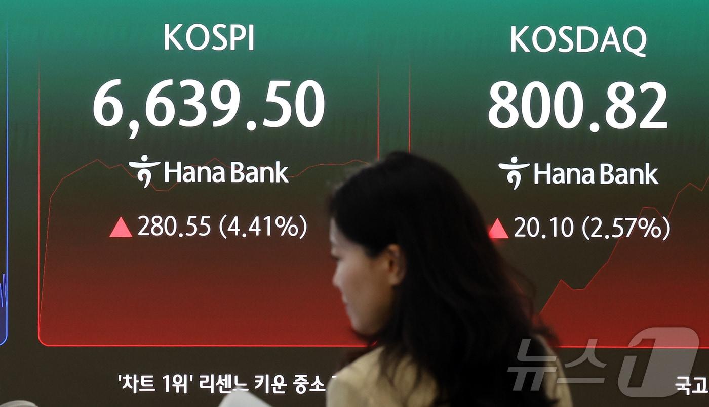 본문 이미지 - 코스피가 급등하며 매수 사이드카가 발동된 5일 오전 서울 중구 하나은행 딜링룸 전광판에 코스피 등 시황이 표시되고 있다.2026.8.5 ⓒ 뉴스1 김진환 기자