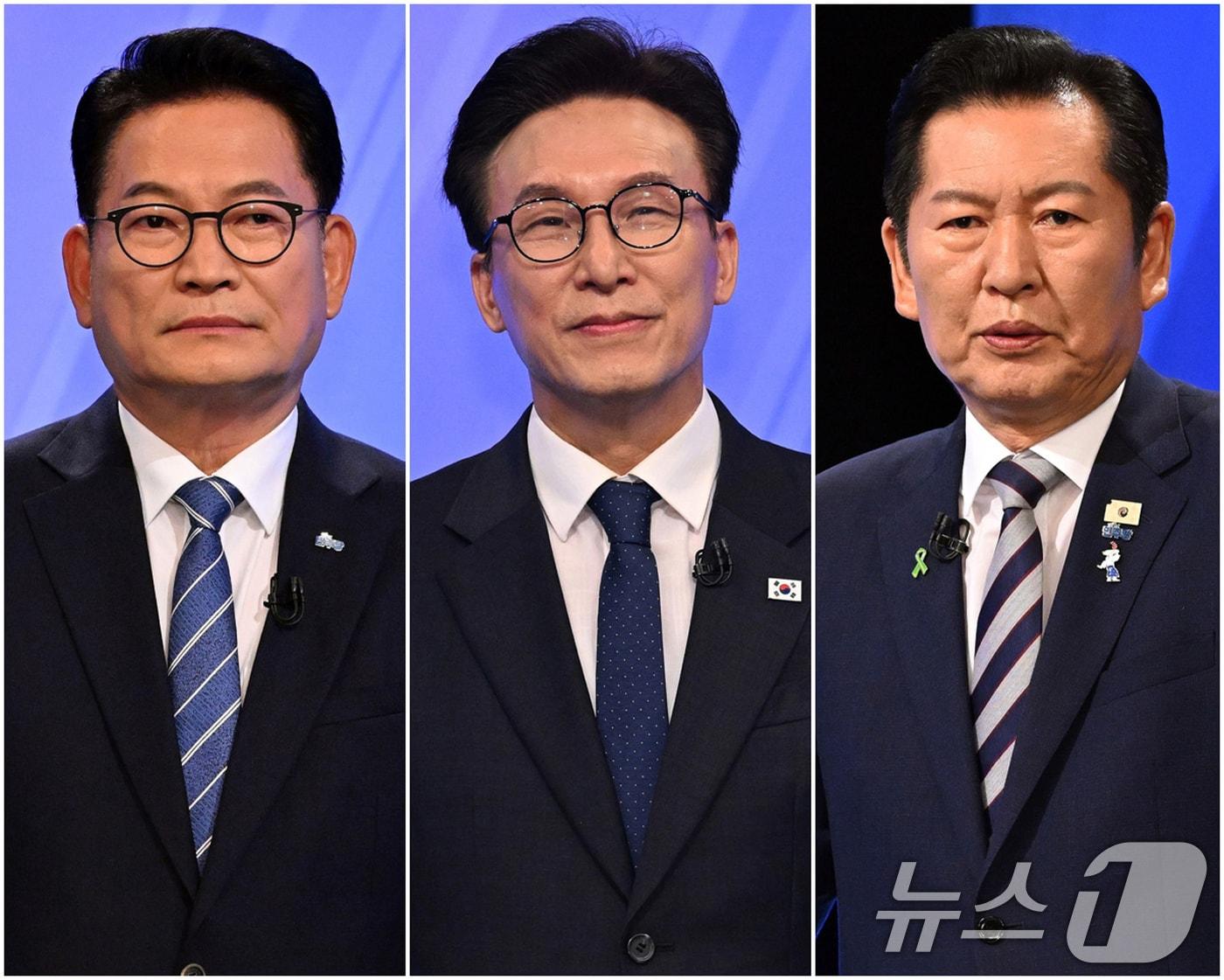 본문 이미지 - 더불어민주당 송영길(왼쪽부터), 김민석, 정청래 당대표 후보가 5일 서울 여의도 KBS에서 열린 2차 TV토론회를 준비하고 있다. 2026.8.5 ⓒ 뉴스1 국회사진기자단