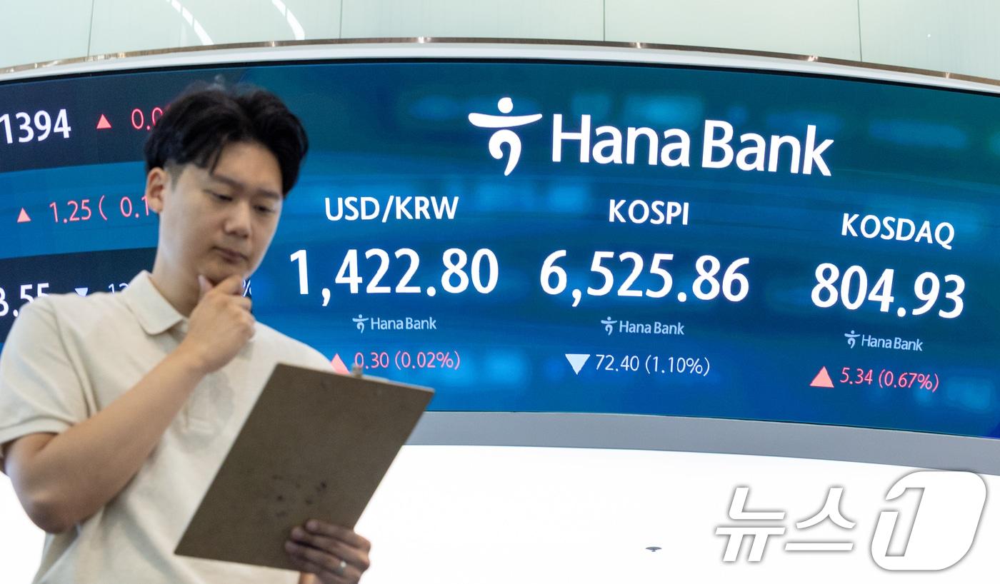 본문 이미지 - 6일 오전 서울 중구 하나은행 본점 딜링룸 전광판에 코스피, 코스닥 지수, 달러·원 환율 개장 후 시황이 나오고 있다. 2026.8.6 ⓒ 뉴스1 안은나 기자