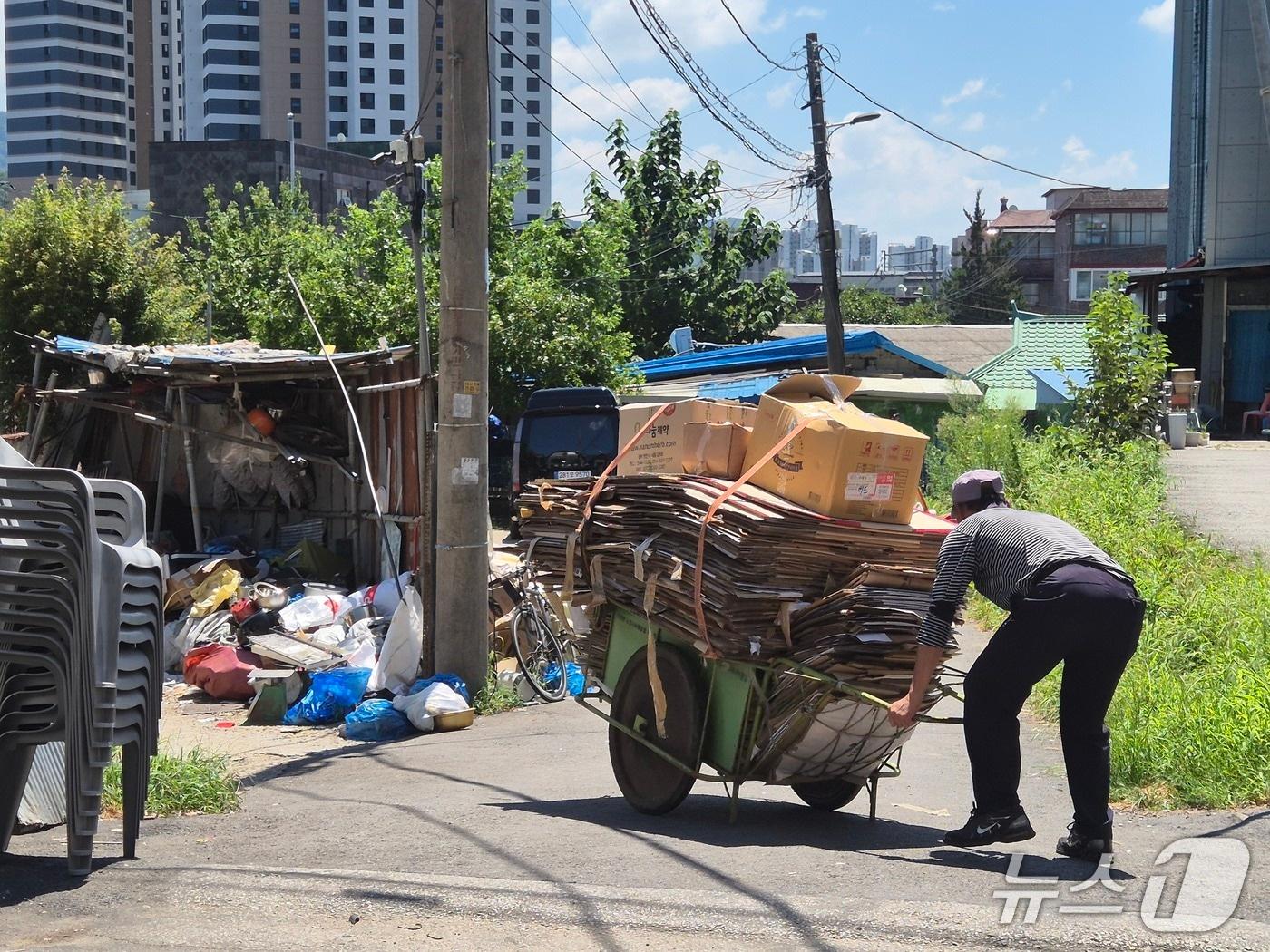 본문 이미지 -  6일 낮 12시께 경기 남양주시 화도읍 한 고물상에서 어르신이 폐지를 가득담은 손수레를 끌고 있다.2026.08.06/뉴스1 양희문 기자
