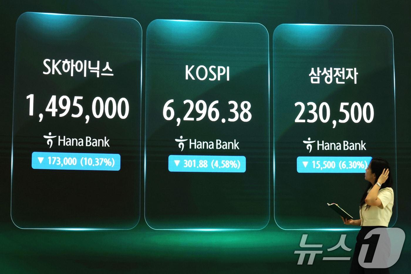 본문 이미지 - 코스피가 4% 넘게 급락 마감한 6일 오후 서울 중구 하나은행 딜링룸 현황판에 코스피지수와 SK하이닉스, 삼성전자의 주가가 표시되고 있다. 2026.8.6 ⓒ 뉴스1 이광호 기자