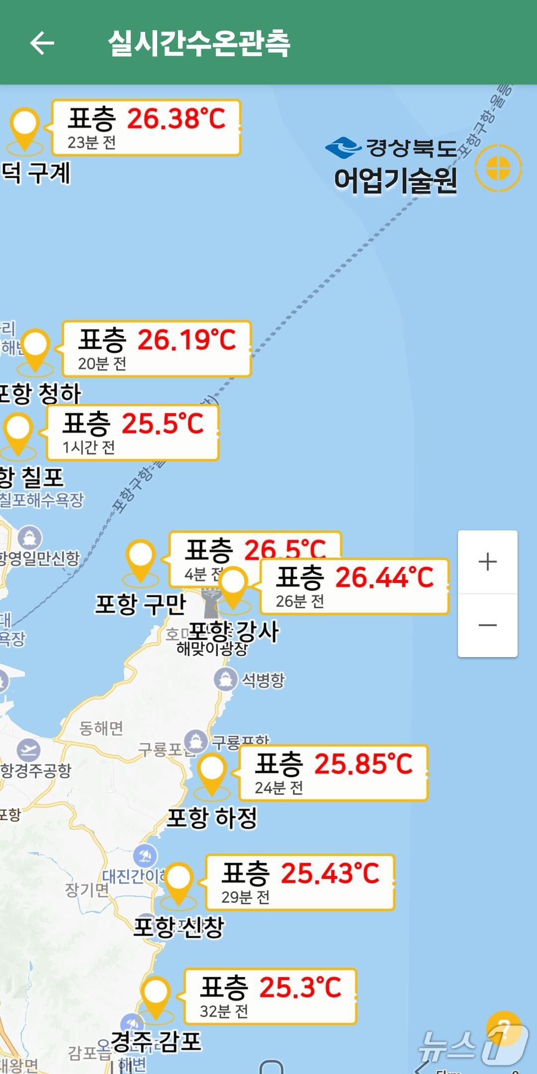 본문 이미지 - 1일 오전 9시 경북 포항시 남구 지역 수온. (경북어업기술원 홈페이지 갈무리, 재판매 및 DB금지) 2026.9.1/뉴스1