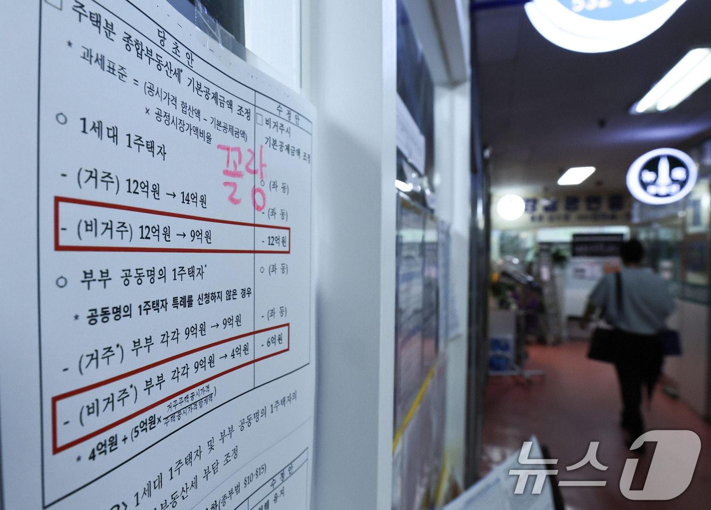 본문 이미지 - 지난 1일 서울 서초구의 한 공인중개사 사무소에 세금 관련 안내문이 붙어 있다.  2026.9.1 ⓒ 뉴스1 이종수 기자