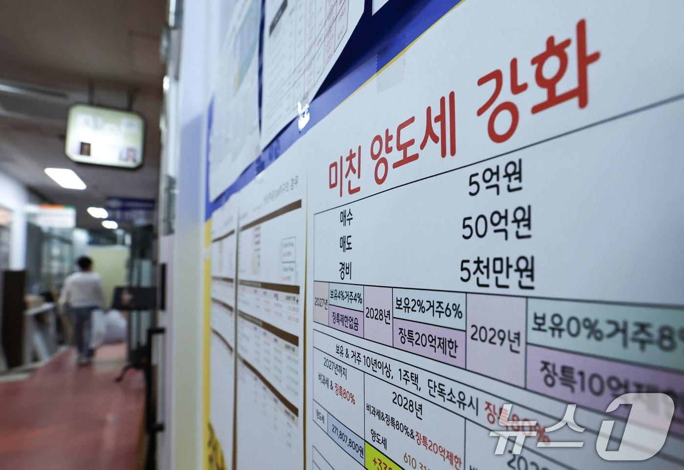 본문 이미지 - 정부가 국무회의에서  ‘2026년 세제 개편안’을 최종 확정한 지난 1일 서울 서초구의 한 공인중개사 사무실 앞에 부동산 세금 관련 안내문이 붙어 있다. ⓒ 뉴스1 이종수 기자