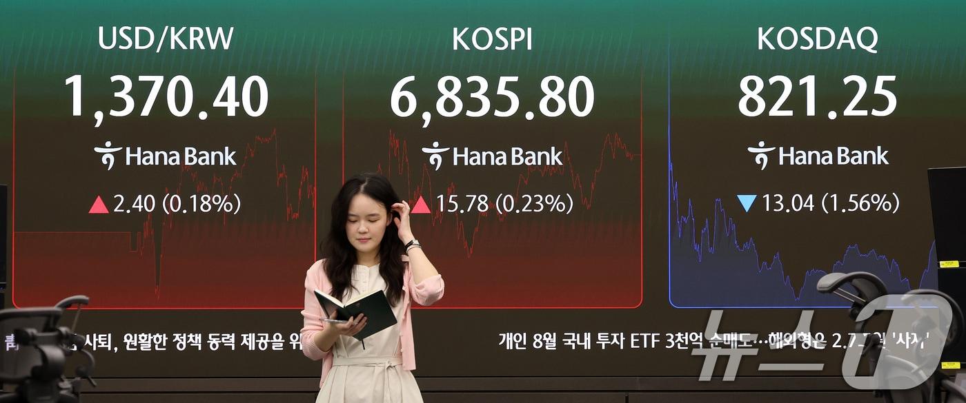 본문 이미지 - 1일 서울 중구 하나은행 본점 딜링룸 전광판에 코스피 지수 종가가 나타나고 있다. 이날 코스피는 전일 종가와 비교해 15.78포인트(0.23%) 상승한 6835.80로 거래를 마쳤다. 2026.9.1 ⓒ 뉴스1 박지혜 기자