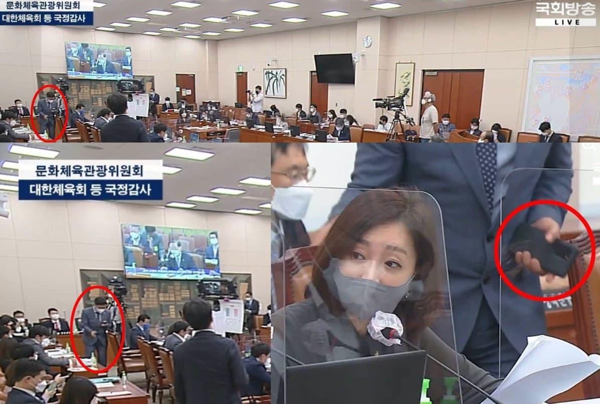본문 이미지 -  안철수 국민의힘 의원은 10일 SNS에 2021년 10월12일 국회 문체위 국정감사  도둥 김승원 법무부 장관 후보자(붉은 원)가  들락낙락하면서 브로커 양 모 씨 등과 문자나 통화를 주고 받는 모습이 국회방송  화면에 그대로 잡혔다며 관련 사진을 공개했다. (SNS 갈무리·  재판매 및 DB금지) ⓒ 뉴스1