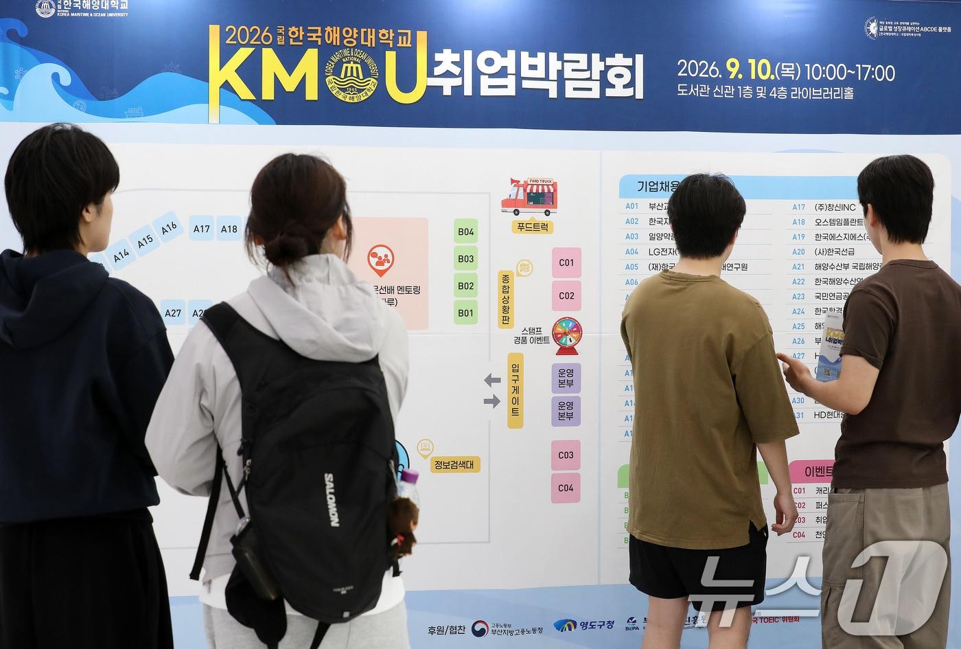 본문 이미지 - 10일 부산 영도구 국립한국해양대학교에서 열린 '2026 국립한국해양대학교 취업박람회'에서 구직자들이 채용 정보를 살펴보고 있다. 2026.9.10 ⓒ 뉴스1 윤일지 기자