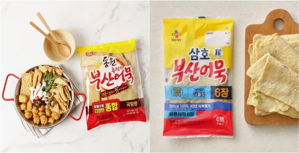 본문 이미지 - 동원F&B '추억의 부산어묵'(왼쪽)과 CJ제일제당 '삼호어묵 제품'. (각 사 자사몰 홈페이지 갈무리)