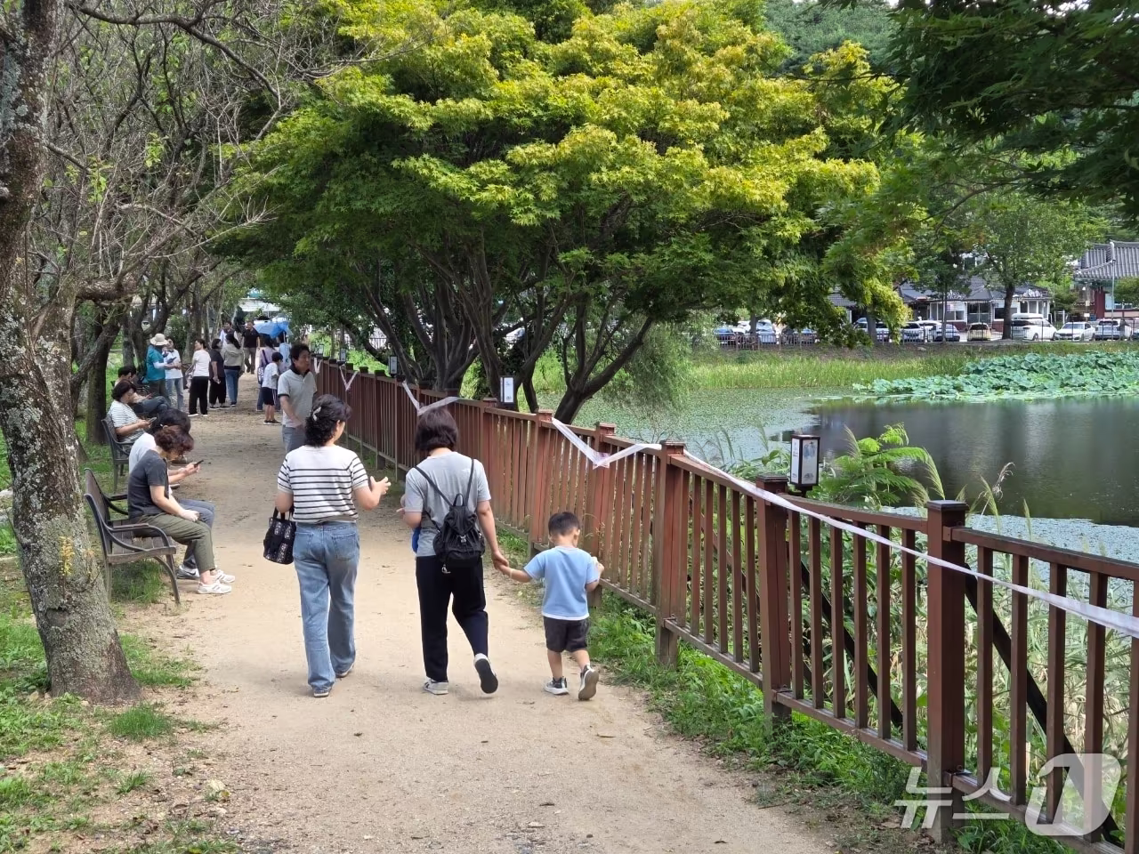 본문 이미지 - 12일 오전 충북 청주시 상당구 산성동 상당산성을 찾은 가족 단위 나들이객들이 산책길을 거닐며 초가을 풍경을 만끽하고 있다.2026.9.12/뉴스1 장인수 기자 