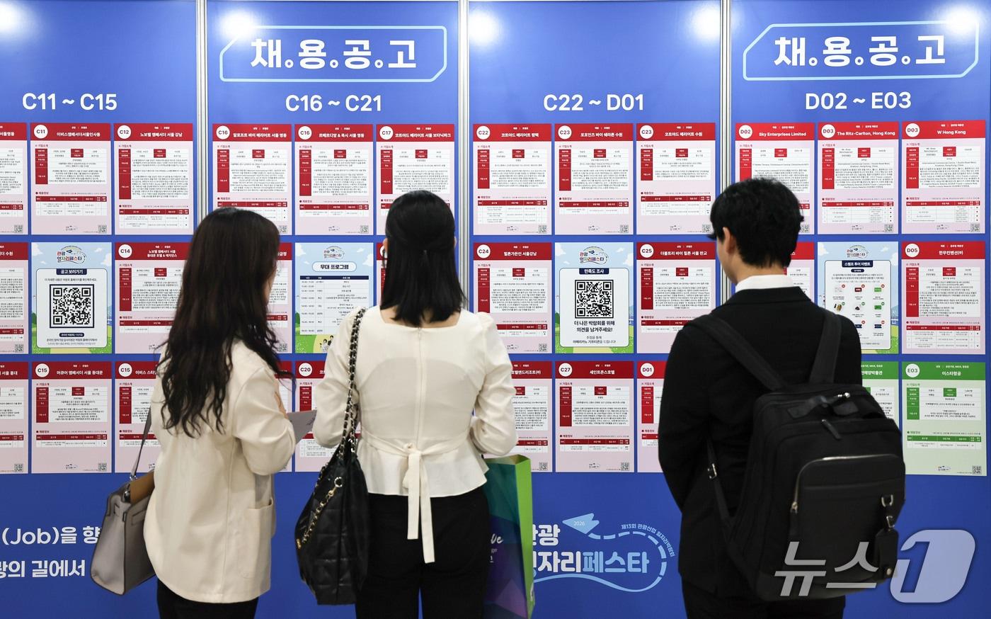 본문 이미지 - 지난달 15일 서울 서초구 aT센터에서 열린 ‘2026 관광 일자리페스타’에서 취업 준비생들이 채용공고 게시판을 살펴보고 있다. 2026.9.15 ⓒ 뉴스1 이종수 기자
