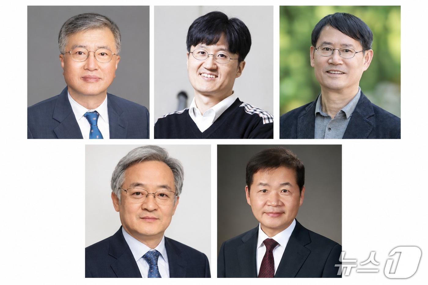 본문 이미지 - 위 왼쪽부터 사동민 충북대 석좌교수(자연과학응용), 박홍규 서울대 교수(자연과학기초), 권형기 서울대 교수(사회과학), 아래 왼쪽부터 남형두 연세대 교수(사회과학), 정병준 이화여대 교수(인문학)/교육부 제공