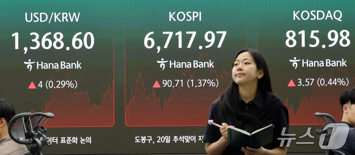 본문 이미지 - 16일 오후 서울 중구 하나은행 딜링룸 현황판에 코스피와 코스닥지수, 원달러환율이 표시되고 있다. 2026.9.16 ⓒ 뉴스1 박세연 기자