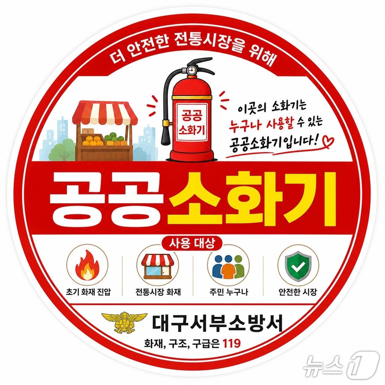 본문 이미지 - 대구 서부소방서가 전통시장 화재 발생 시 신속한 초기 진화를 위해 설치·운영 중인 공공소화기 홍보물.(대구 서부소방서 제공. 재판매 및 DB 금지)/뉴스1