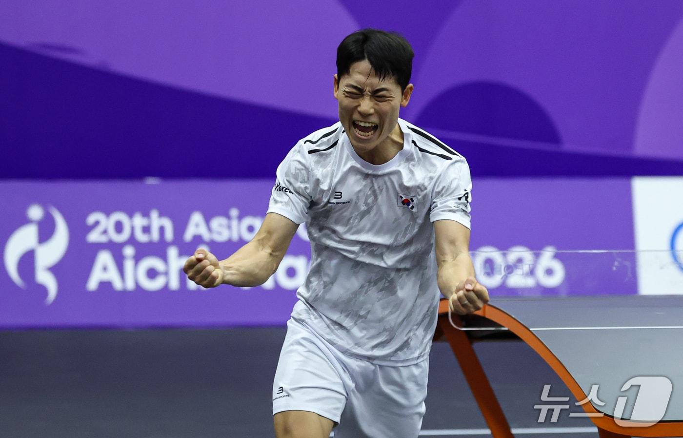 본문 이미지 - 포효하는 대한민국 테크볼 국가대표 이준석. 2026.9.17 ⓒ 뉴스1 김도우 기자