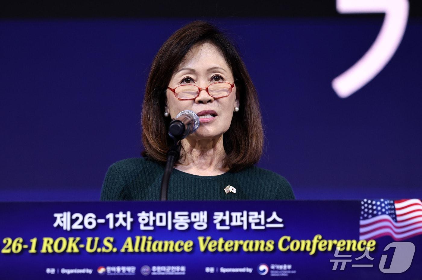 본문 이미지 - 미셸 스틸 주한미국대사가 18일 서울 중구 앰베서더 풀만 호텔에서 열린 '제26-1차 한미동맹 컨퍼런스'에서 기조연설을 하고 있다. 2026.9.18 ⓒ 뉴스1 구윤성 기자