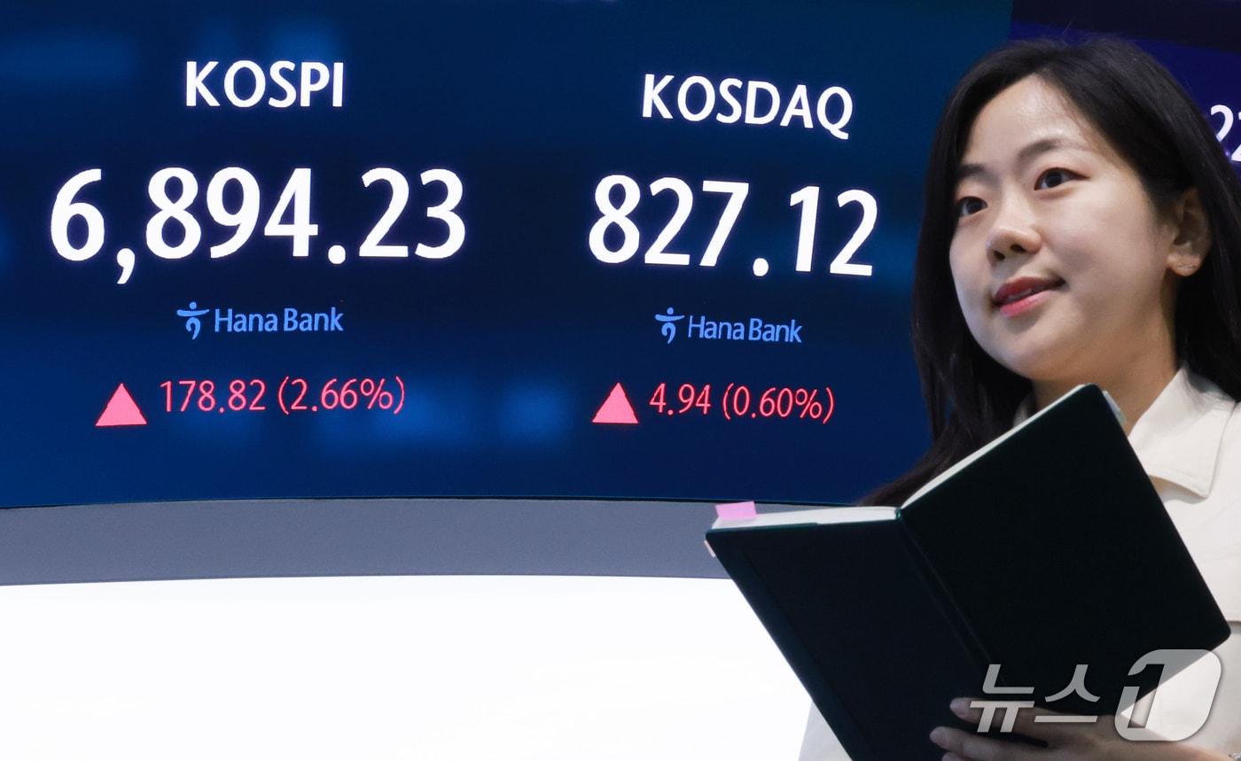 본문 이미지 - 18일 서울 중구 하나은행 본점 딜링룸 전광판에 코스피 등 종가가 표시되고 있다. 2026.9.18 ⓒ 뉴스1 이호윤 기자