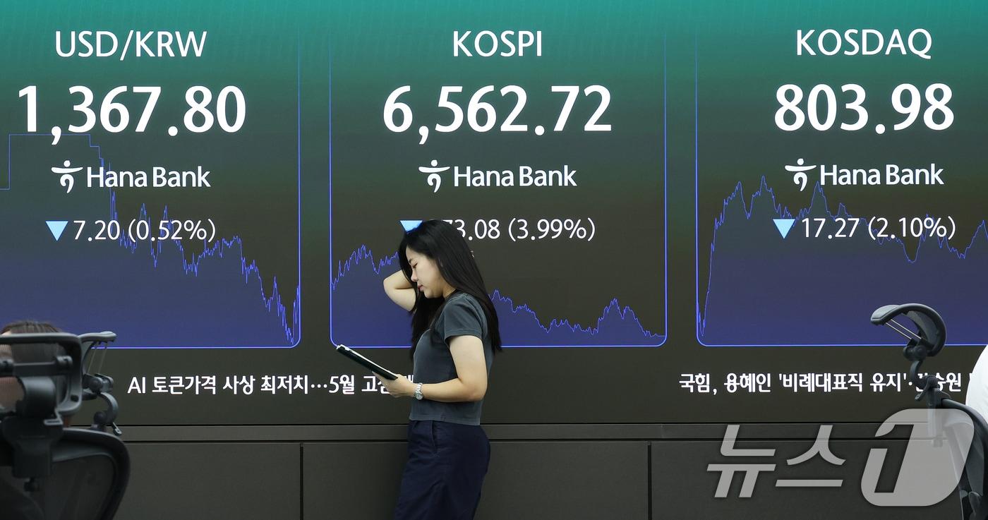 본문 이미지 - 중동 전운 고조로 코스피가 사흘 만에 하락 전환한 2일 오후 서울 중구 하나은행 본점 딜링룸 전광판에 코스피 등 종가가 표시되고 있다. 2026.9.2 ⓒ 뉴스1 오대일 기자