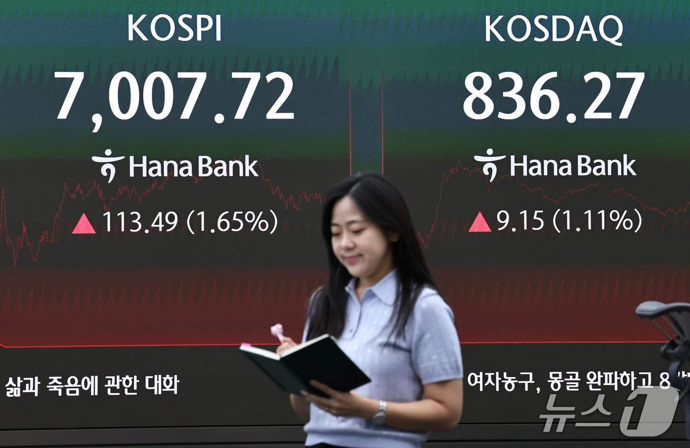본문 이미지 - 21일 서울 중구 하나은행 본점 딜링룸 전광판에 코스피 등 시황이 나타나고 있다. 2026.9.21 ⓒ 뉴스1 구윤성 기자