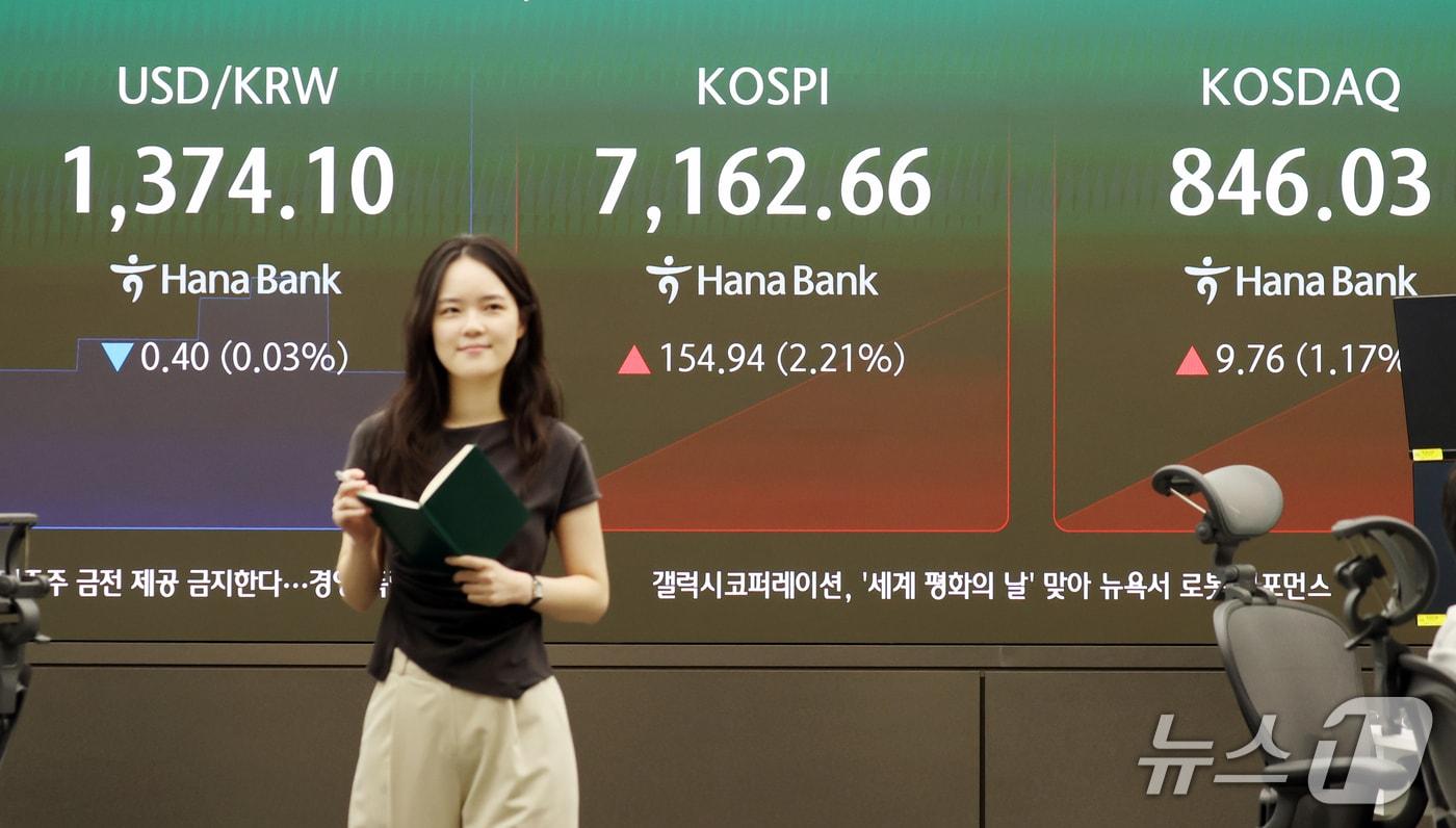 본문 이미지 - 22일 오전 서울 중구 하나은행 딜링룸 전광판에 코스피 지수 등 시황이 표시되고 있다. 2026.9.22 ⓒ 뉴스1 김명섭 기자