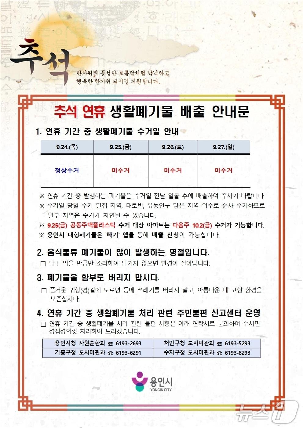 본문 이미지 - 용인시 추석 연휴 생활폐기물 배출 안내문.(용인시 제공)