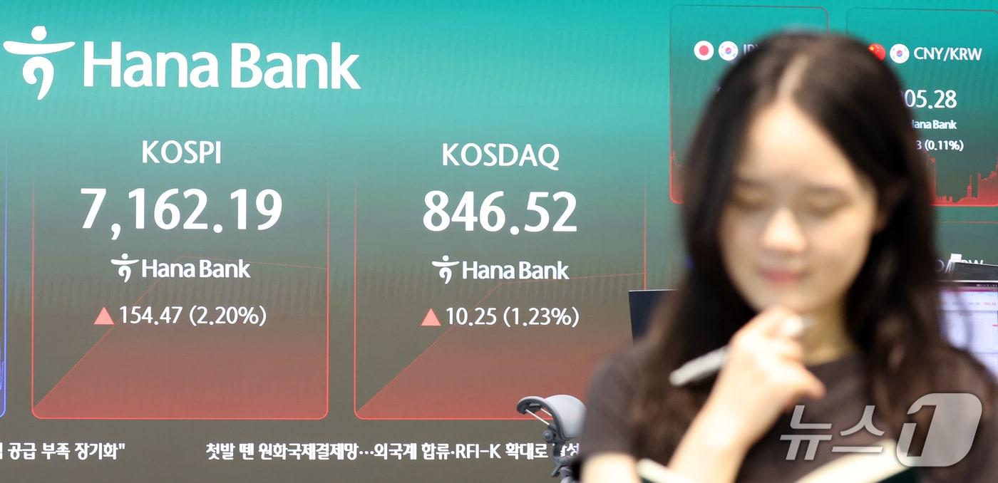 본문 이미지 - 22일 오전 서울 중구 하나은행 딜링룸 전광판에 코스피 지수 등 시황이 표시되고 있다. 2026.9.22 ⓒ 뉴스1 김명섭 기자