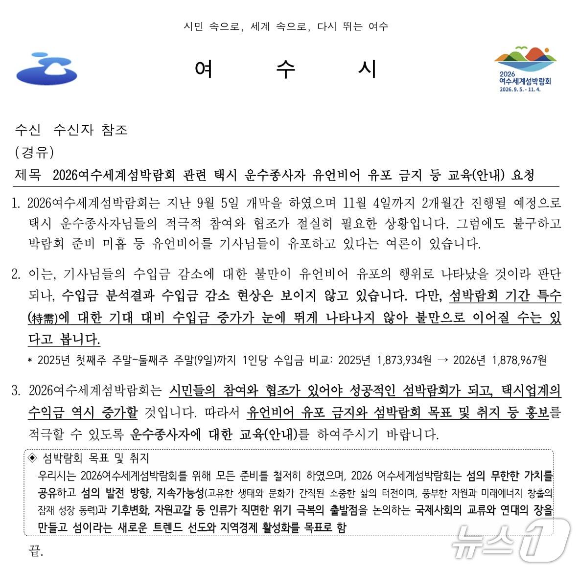 본문 이미지 - 최근 여수시가 택시업계에 발송한 유언비어 유포 금지 관련 공문. (독자 제공. 재판매 및 DB금지) ⓒ 뉴스1 김성준 기자