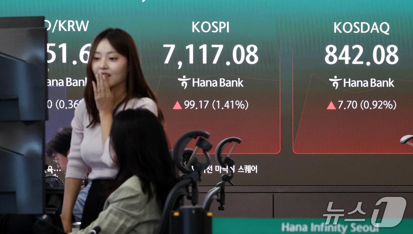 본문 이미지 - 23일 오전 서울 중구 하나은행 본점 딜링룸 전광판에 증시 시황이 표시되어 있다. 2026.9.23 ⓒ 뉴스1 최지환 기자