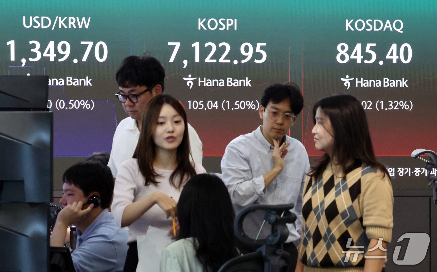 본문 이미지 - 23일 오전 서울 중구 하나은행 본점 딜링룸 전광판에 증시 시황이 표시되어 있다. ⓒ 뉴스1 최지환 기자