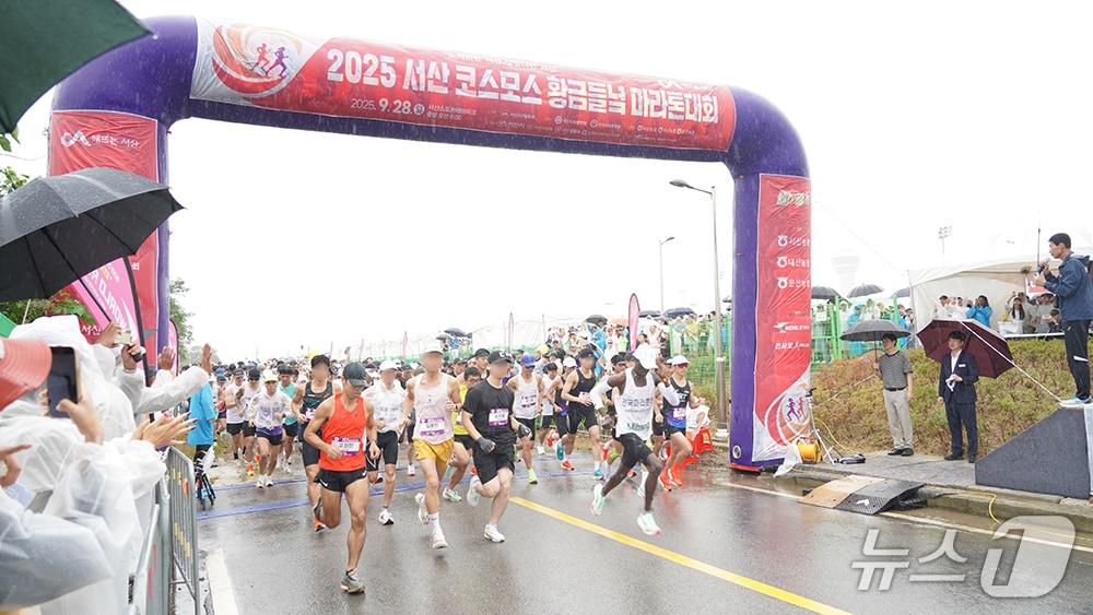 본문 이미지 - 지난해 9월 28일 충남 서산시 양대동 서산스포츠테마파크 일원에서 열린 ‘2025 서산 코스모스 황금들녘 마라톤대회’에서 참가자들이 출발선을 힘차게 출발하고 있다.(서산시 제공. 재판매 및 DB 금지)