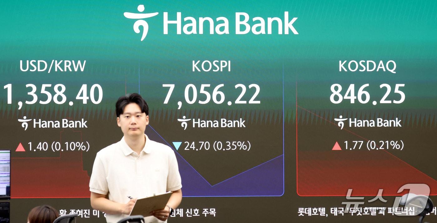 본문 이미지 - 28일 오전 서울 중구 하나은행 본점 딜링룸 전광판에 증시 시황이 표시돼 있다. 이날 코스피 지수는 전 거래일 대비 23.06포인트(0.33%) 내린 7057.86, 코스닥 지수는 1.00포인트(0.12%) 오른 845.48로 출발했다. ⓒ 뉴스1 김명섭 기자