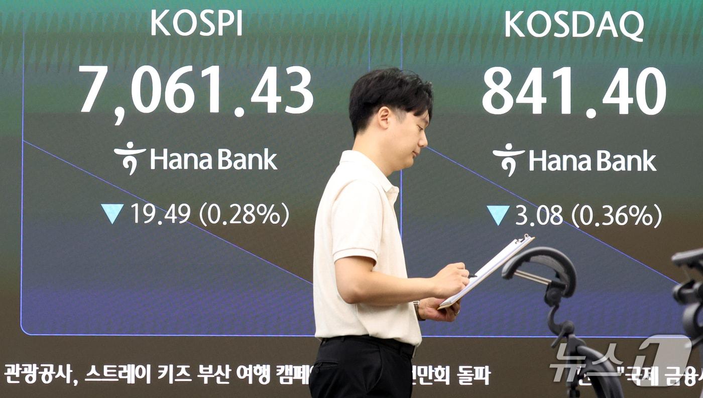 본문 이미지 - 28일 오전 서울 중구 하나은행 본점 딜링룸 전광판에 증시 시황이 표시돼 있다. 이날 코스피 지수는 전 거래일 대비 23.06포인트(0.33%) 내린 7057.86, 코스닥 지수는 1.00포인트(0.12%) 오른 845.48로 출발했다. 2026.9.28 ⓒ 뉴스1 김명섭 기자