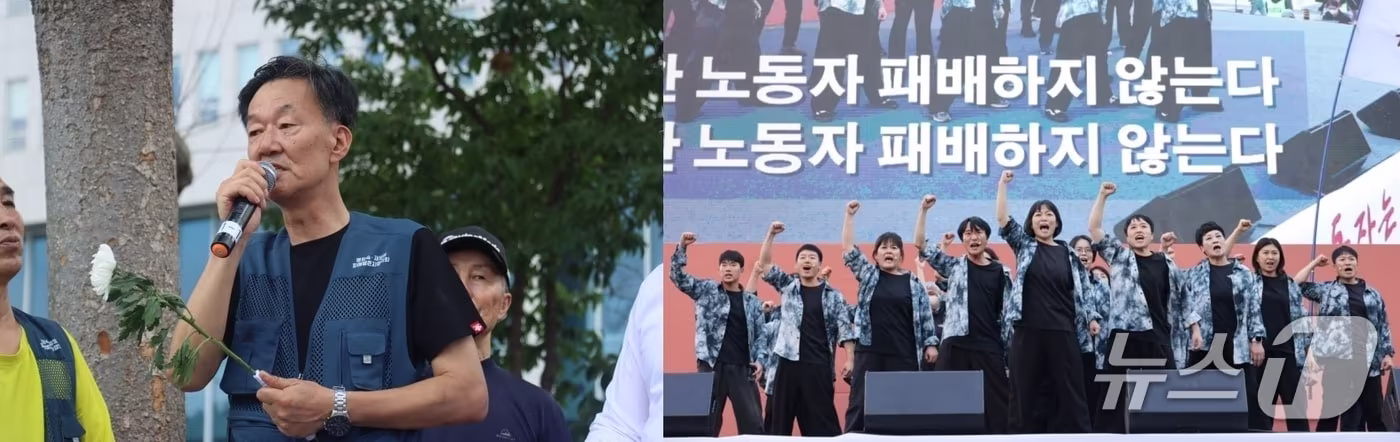 본문 이미지 - 제35회 민주시민상 개인 부문 수상자로 선정된 손석주 영화숙·재생원피해생존자협의회 대표(왼쪽)와 단체 부문 수상자로 선정된 노동문예창작단 '가자'. (부산민주항쟁기념사업회 제공. 재판매 및 DB 금지)