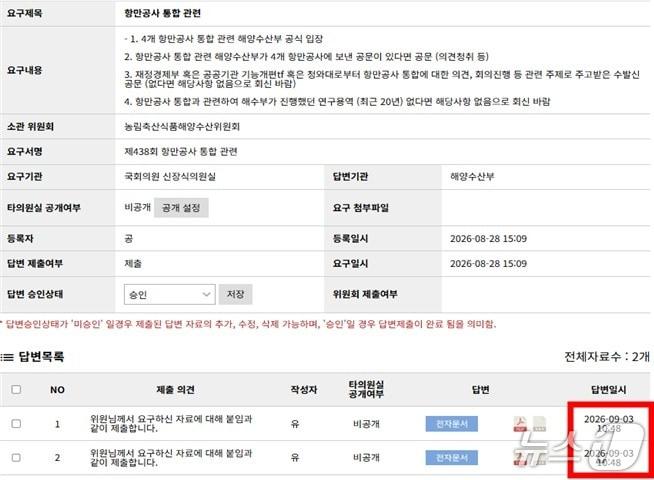 본문 이미지 - 해양수산부가 지난 3일 오전 10시 48분께 신장식 조국혁신당 의원에 '항만공사 통합 관련 공식 입장이 없다'고 회신한 화면.(신장식 의원실 제공. 재판매 및 DB 금지)/뉴스1