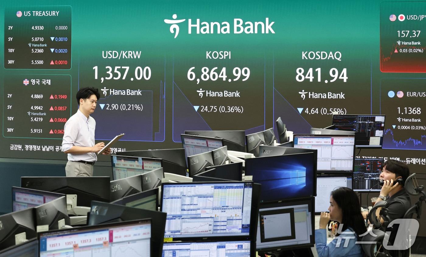 본문 이미지 - 29일 오전 서울 중구 하나은행 딜링룸 전광판에 코스피 지수 등 시황이 표시되고 있다. 2026.9.29 ⓒ 뉴스1 이종수 기자