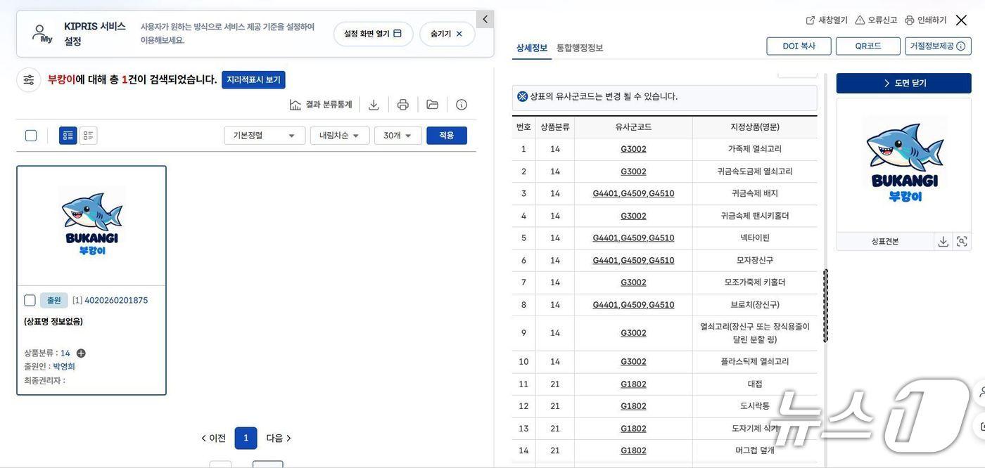 본문 이미지 - 부캉이 상표권 등록 정보 /KIPRIS 캡처 
