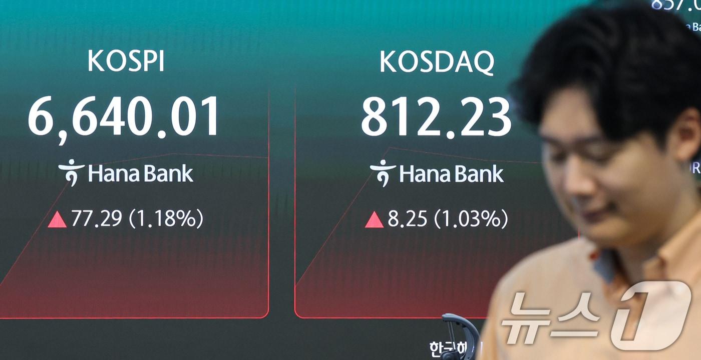본문 이미지 - 3일 오전 서울 중구 하나은행 딜링룸 전광판에 코스피, 코스닥 지수가 표시되고 있다. 2026.9.3 ⓒ 뉴스1 김도우 기자