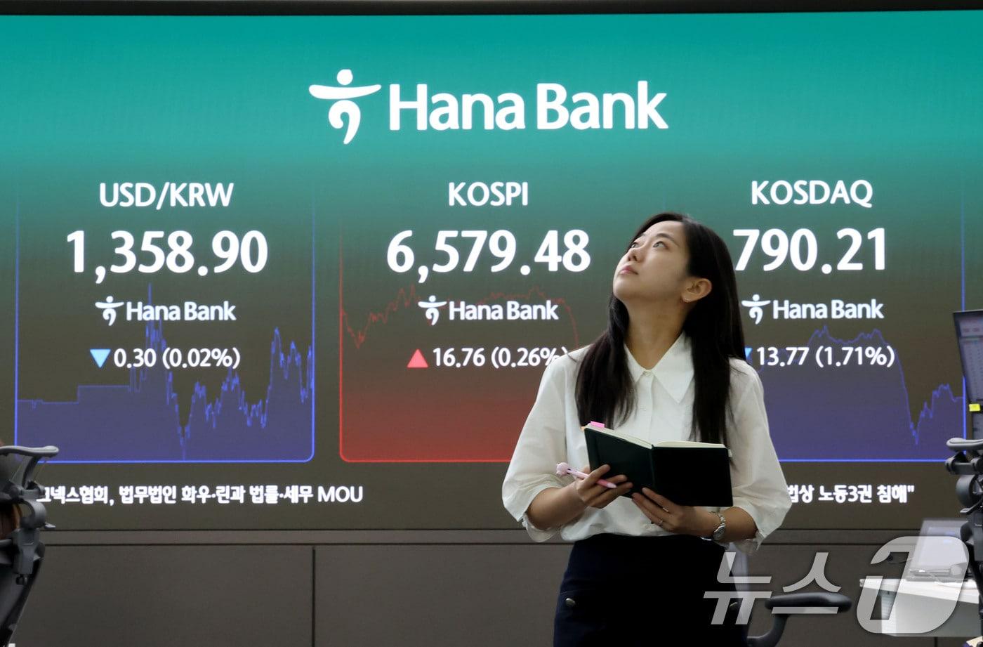 본문 이미지 - 코스피가 등락 거듭 끝에 상승 마감한 3일 오후 서울 중구 하나은행 딜링룸 현황판에 전장대비 16.76(0.26%) 상승한 6,579.48을 나타내고 있다. 2026.9.3 ⓒ 뉴스1 이광호 기자