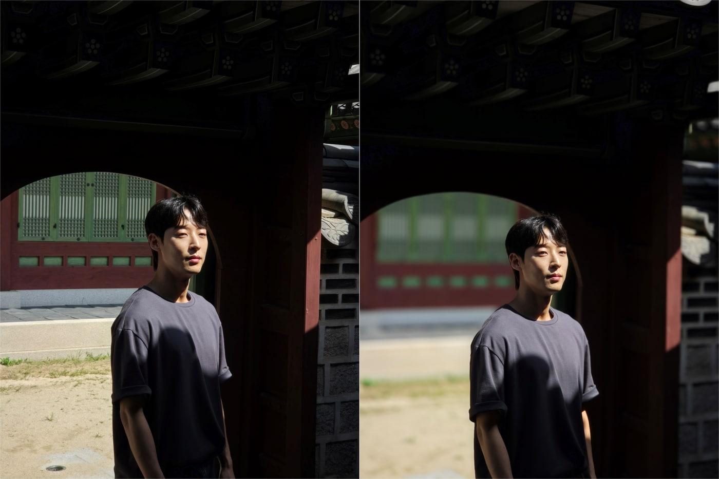 본문 이미지 - 갤럭시Z폴드8 울트라로 촬영한 일반 3배 줌 모드(왼쪽)와 인물 모드로 찍은 모델 사진 2026.09.03./뉴스1 ⓒNews1 김정현 기자